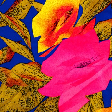 Doku ipek kumaş, mavi bir arka plan üzerinde kırmızı ve sarı çiçek