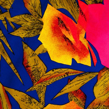 Doku ipek kumaş, mavi bir arka plan üzerinde kırmızı ve sarı çiçek