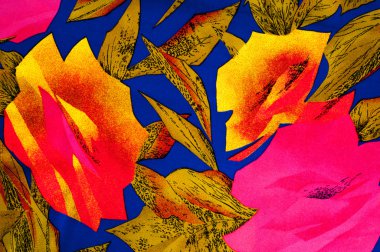 Doku ipek kumaş, mavi bir arka plan üzerinde kırmızı ve sarı çiçek