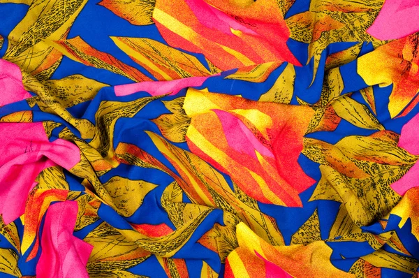 Texture Silk Fabric Red Yellow Flowers Blue Background — Stock Photo, Image