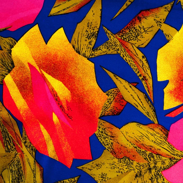 Textura Tecido Seda Flores Vermelhas Amarelas Fundo Azul — Fotografia de Stock