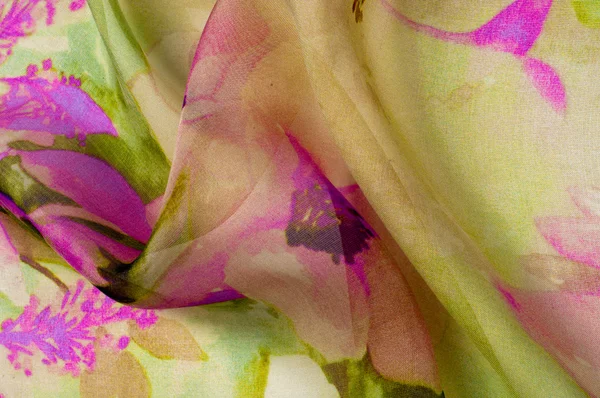 Materiál Hedvábí Světle Růžová Bílými Květy Flower Fabric Pozadí Fragment — Stock fotografie