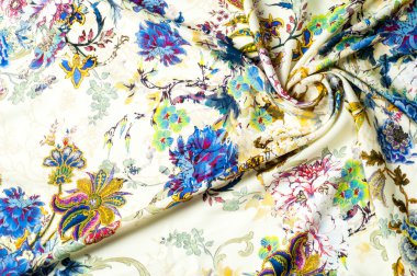 Doku, arka plan, çiçek desenli saten kumaş bej renk. genellikle, ipekten bir pürüzsüz, parlak kumaş,