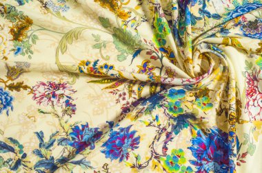 Doku, arka plan, çiçek desenli saten kumaş bej renk. genellikle, ipekten bir pürüzsüz, parlak kumaş,