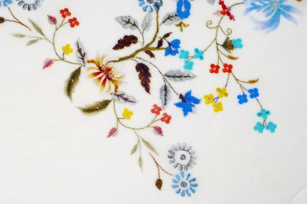 Tekstury Tła Tkanina Bawełna Biały Haftem Stylizowane Kwiaty Miękkie Białe — Zdjęcie stockowe