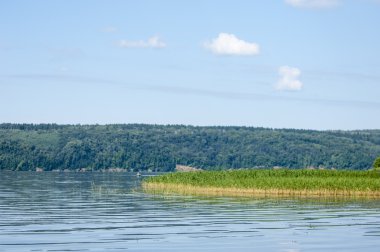 Yaz nehir sazlık ağaçlar gölgeliyor. Deniz, göl veya başka bir kanaldaki böyle dere akan su büyük bir doğal akışı.