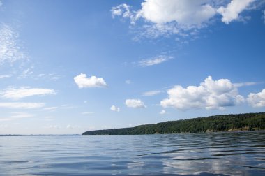 Yaz nehir sazlık ağaçlar gölgeliyor. Deniz, göl veya başka bir kanaldaki böyle dere akan su büyük bir doğal akışı.