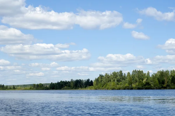 Summer Clouds River Reeds Trees Large Natural Stream Water Flowing — Stock Photo, Image