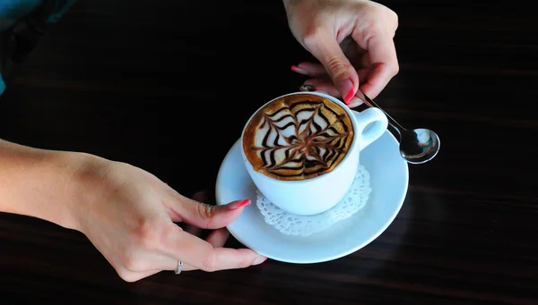 Cup Cappuccino Beautiful Female Hands — Stock Photo, Image