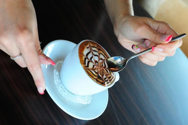 Cup Cappuccino Beautiful Female Hands — Stock Photo, Image