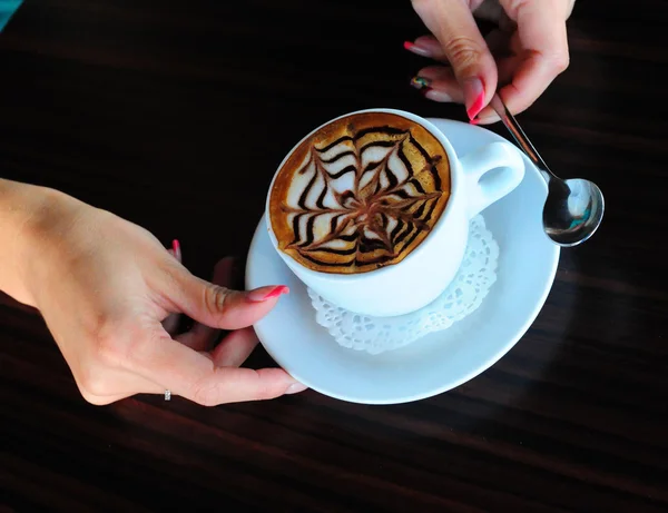 Cup Cappuccino Beautiful Female Hands — Stock Photo, Image