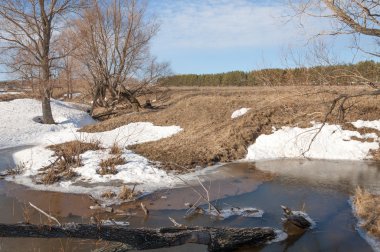 Brook bahar. güneşli bir bahar brooks suda eriyen doku. nehir dere dere. Bahar Nehri üzerinde buz erime.