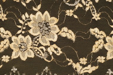 Doku. Kumaş altın sarı renkli fotoğraflar stüdyoda yapılan dantel. iyi bir açık kumaş, pamuk veya ipek, genellikle birini döngü, büküm veya desenleri iplik örgü tarafından yapılan ve özellikle hazır giyim süsleme için kullanılan.