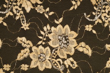 Doku. Kumaş altın sarı renkli fotoğraflar stüdyoda yapılan dantel. iyi bir açık kumaş, pamuk veya ipek, genellikle birini döngü, büküm veya desenleri iplik örgü tarafından yapılan ve özellikle hazır giyim süsleme için kullanılan.