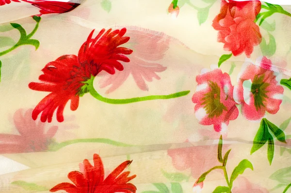 Texture Silk Fabric Background Beige Red Flowers Silk Floral Fabric — Stock Photo, Image