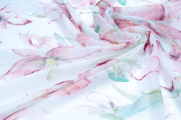 Fabric silk texture, painted with flowers — Stock Photo, Image