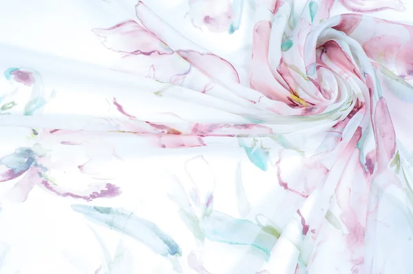 Fabric silk texture, painted with flowers — Stock Photo, Image