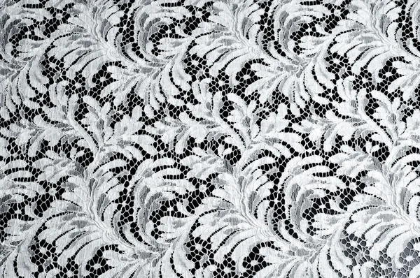 蕾丝面料肌理 在黑色背景工作室上的花边 制成的纱或线的薄织物 通常的棉布或丝绸 其中一份由循环 或针织图案中的线程 — 图库照片
