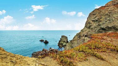 1. Eyalet Yolu, dağlar ve okyanus boyunca Kaliforniya kıyı şeridi harika görünüyor. Güzel manzara konsepti