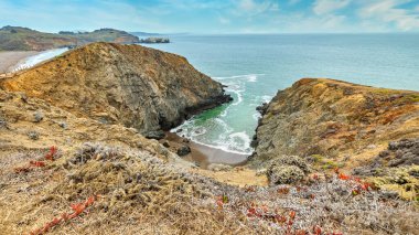 Pasifik Okyanusu, Kaliforniya 'daki küçük bir koydan güzel bir manzara, renkli bir manzara, açık güneşli bir hava.