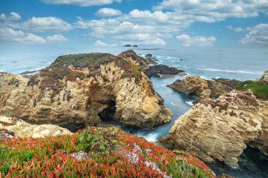 Kaliforniya doğası. Manzara. Garrapata Eyalet Parkı 'nda deniz kenarında kayaları olan güzel bir koy. Monterey County, California, ABD. Uzun pozlama fotoğrafı.