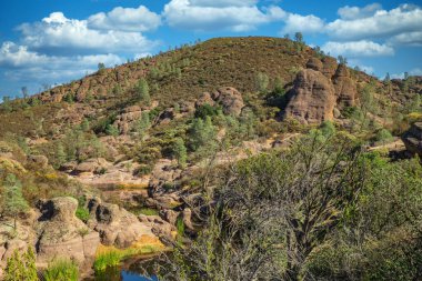 Kaliforniya Pinnacles Ulusal Parkı 'ndaki kaya oluşumları, San Andreas Fayı' ndaki sönmüş bir volkanın kalıntıları. Güzel manzaralar, turistler ve gezginler için rahat yürüyüş yolları..