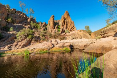 Kaliforniya Pinnacles Ulusal Parkı 'ndaki Bear Gulch Gölü ve kaya oluşumları, San Andreas Fayı' ndaki sönmüş bir volkanın kalıntıları. Güzel manzaralar, turistler için rahat yürüyüş yolları.