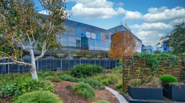 MOUNTAIN VIEW, USA - November 18, 2020, view of the main Google office building. It is a multinational corporation specializing in services and products related to the Internet service. clipart