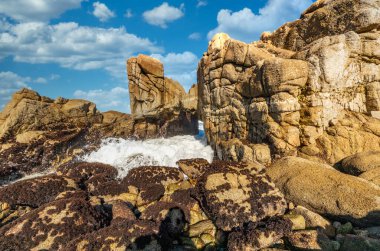 Güzel manzara, uzun deniz manzarası, Monterey 'in manzaralı kıyı şeridi, Kissing Rock manzarası, Pacific Grove, Monterey, California, ABD.