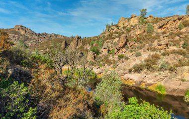 Kaliforniya Pinnacles Ulusal Parkı 'ndaki kaya oluşumları, San Andreas Fayı' ndaki sönmüş bir volkanın kalıntıları. Güzel manzaralar, turistler ve gezginler için rahat yürüyüş yolları..