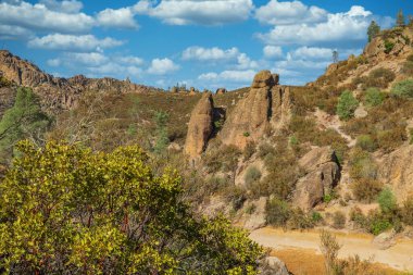 Kaliforniya Pinnacles Ulusal Parkı 'ndaki kaya oluşumları, San Andreas Fayı' ndaki sönmüş bir volkanın kalıntıları. Güzel manzaralar, turistler ve gezginler için rahat yürüyüş yolları..