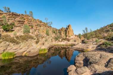 Kaliforniya Pinnacles Ulusal Parkı 'ndaki Bear Gulch Gölü ve kaya oluşumları, San Andreas Fayı' nda sönmüş bir volkanın kalıntıları. Güzel manzaralar, turistler ve gezginler için rahat yürüyüş yolları..