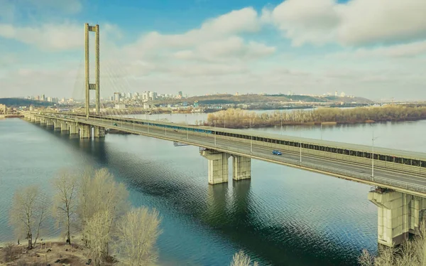 Flygfoto Från Drönare South Bridge Kiev Stadssiluett Och Landskap Dnipro — Stockfoto