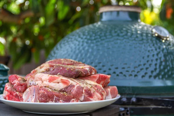 Carne cruda en un plato, cortada en trozos, sazonada y lista para asar, al aire libre, con el telón de fondo de una parrilla de barbacoa de cerámica llamada kamado o musikamado, una estufa japonesa. Primer plano, pequeña profundidad de — Foto de Stock