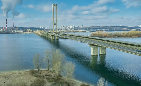 Flygfoto Från Drönare South Bridge Kiev Stadssiluett Och Landskap Dnipro — Stockfoto