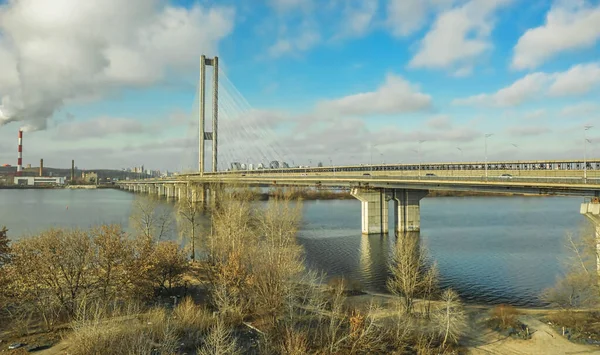 Flygfoto Från Drönare South Bridge Kiev Stadssiluett Och Landskap Dnipro — Stockfoto