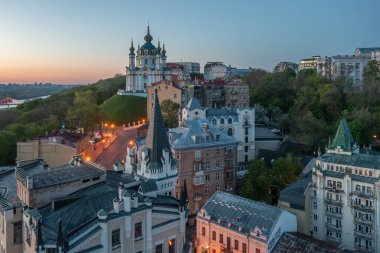 Aerial skyline of Kiva with St. Andrew's Church, and Richard Castle at sunrise - Kiev, Ukraine