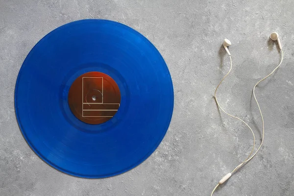 Blauwe Vinylplaat Een Stenen Achtergrond Retro Stijl Bovenaanzicht — Stockfoto