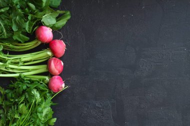 Siyah arka planda turp, maydanoz, roka..