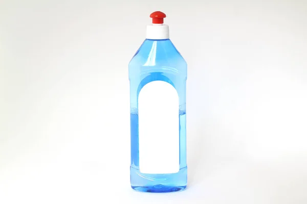 Plastic Transparent Bottle Liquid Soap Blue Cleanliness Red Cap — Stock Photo, Image