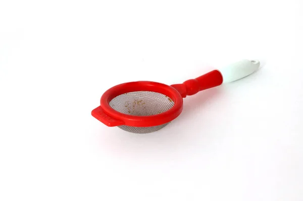 Red Plastic Tea Strainer Isolated White Background — Stock Photo, Image