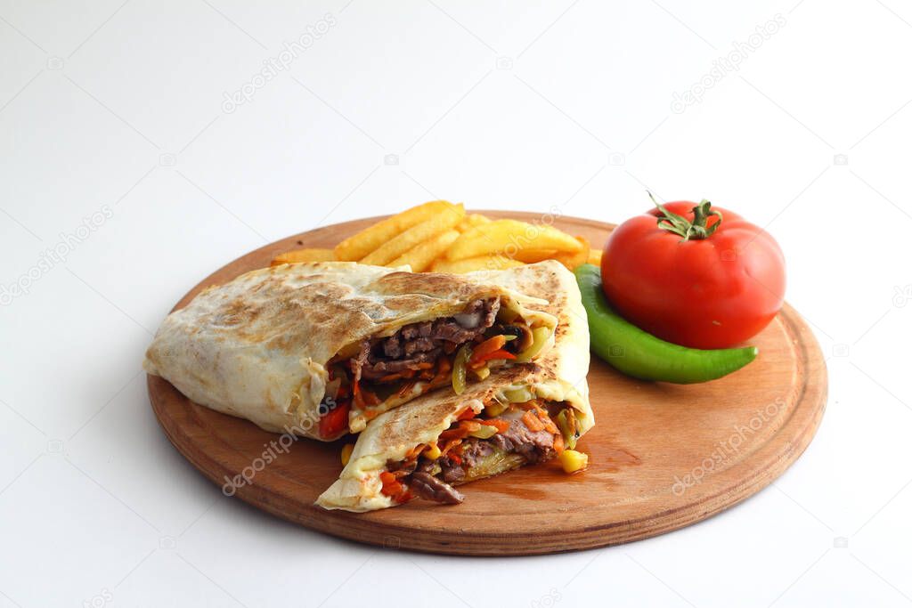 Doner kebab or shawarma sandwich isolated on white background