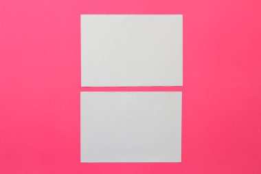 Pembe arka plan üzerine maket kağıt, A4 beyaz kağıt portresi. Broşür dergisi. afiş ürünleri kartvizitlerini kullanın