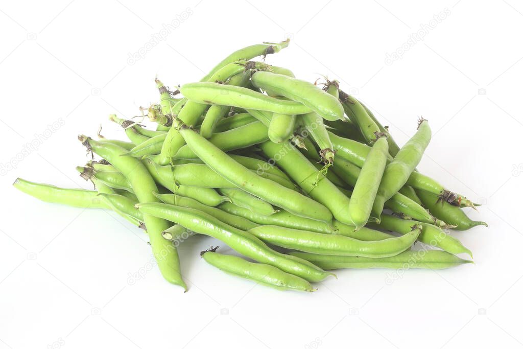 Broad beans pods isolated on white background