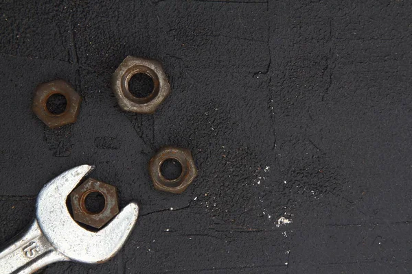 Wrench Nuts Bolts Black Background Close — Stock Photo, Image