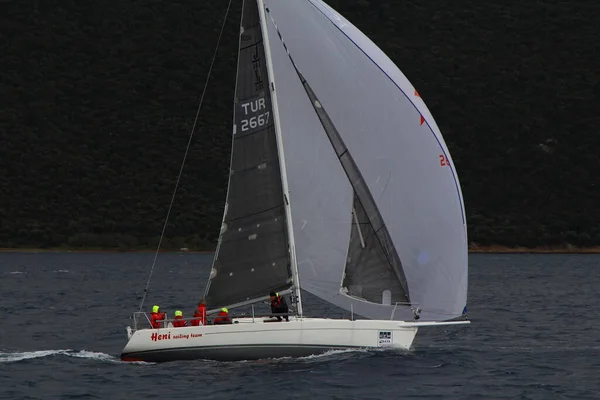 Bodrum Turkey January 2018 Sailboats Sail Windy Weather Blue Waters — Stock Photo, Image