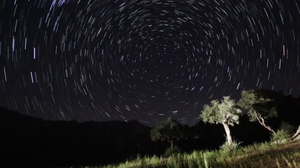 夜空に動く星の軌跡のタイムラプス 手前に山頂がある天の川の星々の景色 夜空の自然夏の風景 ペルセウス座流星群観測 — ストック動画