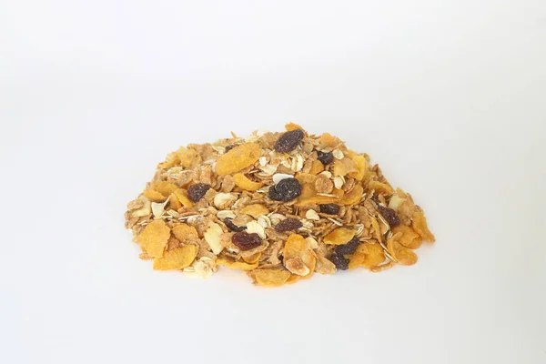 Gezonde Muesli Met Havervlokken Noten Rozijnen Geïsoleerd Witte Ondergrond — Stockfoto