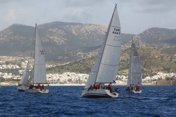 Bodrum Turecko Únor 2018 Plachetnice Plují Větrného Počasí Modrých Vodách — Stock fotografie