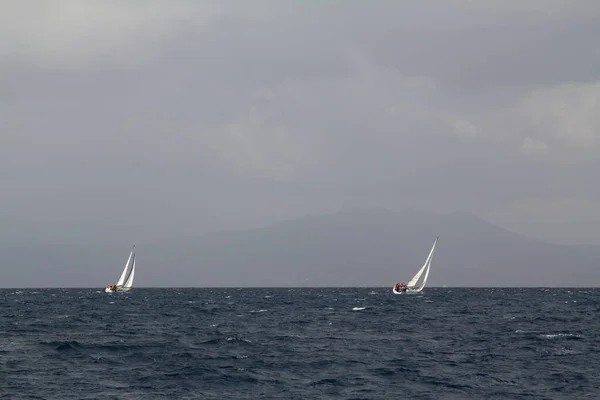 Bodrum Turkiet Februari 2018 Segelbåtar Seglar Blåsigt Väder Egeiska Havets — Stockfoto